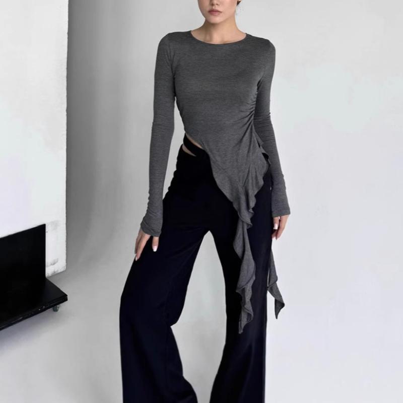 European and American Autumn Fashion Splicing Design Irregular Lotus Leaf Lace Ribbon Top