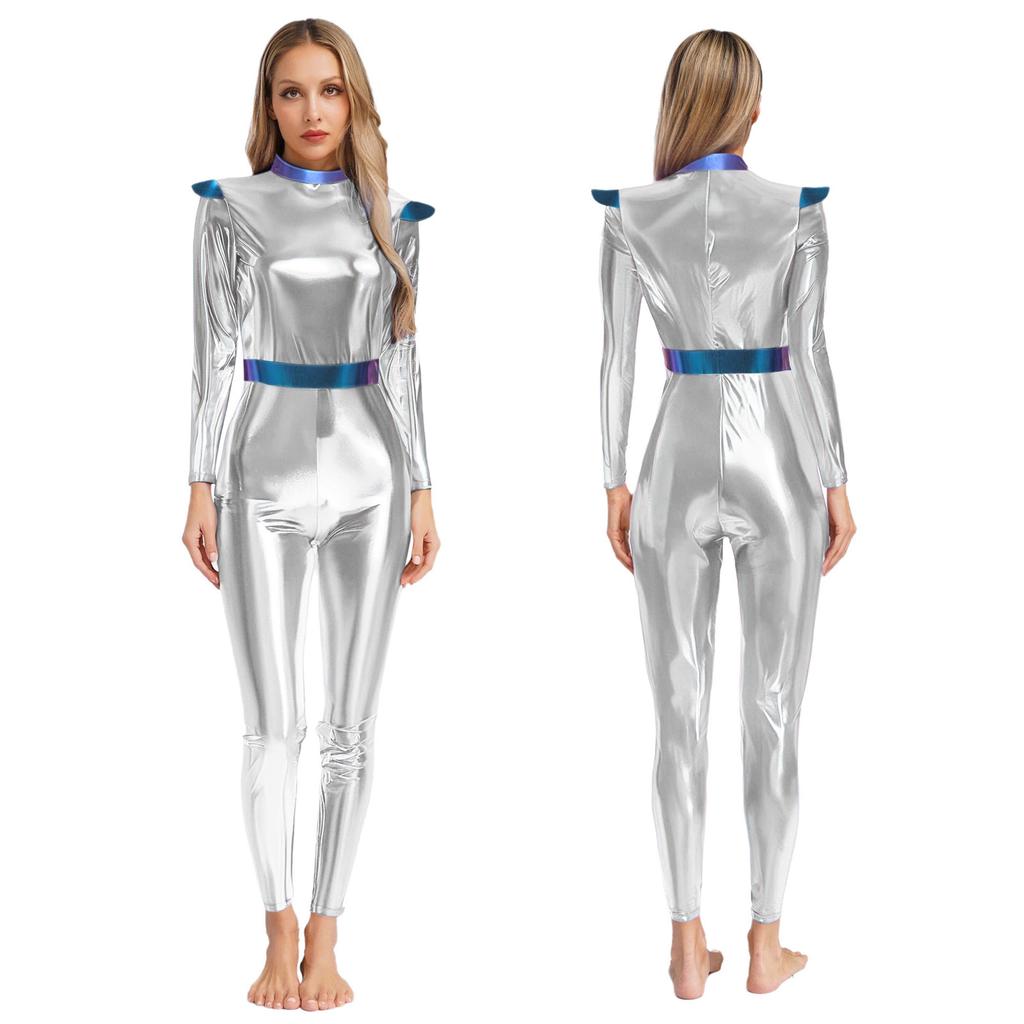 Shiny Metallic Alien Costume for Women Spandex Full Body Catsuit Robot Halloween Outfit