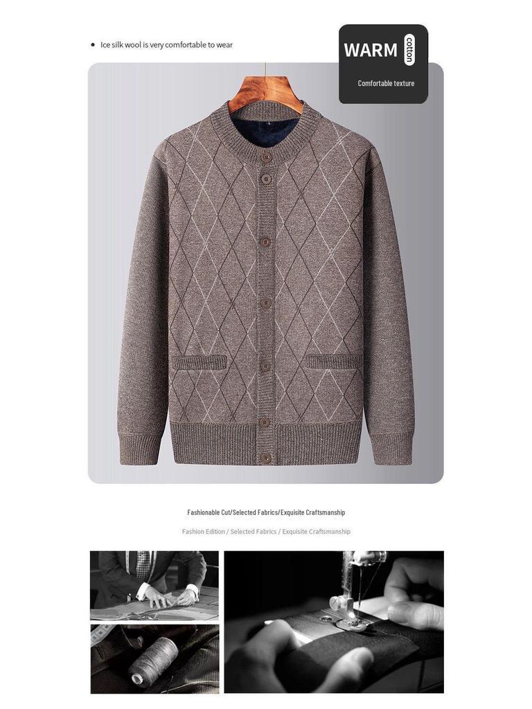 Men's Thickened Knit Cardigan - Warm, Velvet-Lined Sweater for Middle-Aged and Elderly, Perfect for Autumn and Winter.