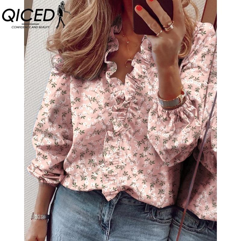 QICED Damska Moda Casual Bluzki i Koszule z Długim Rękawem z Dekoltem w Serek