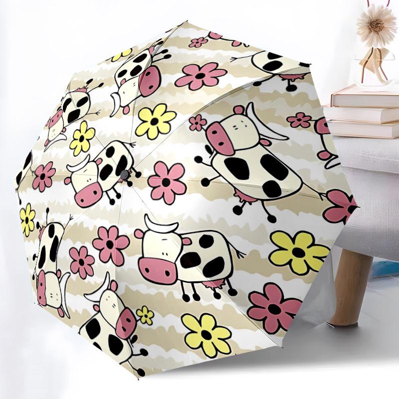 1pc Cow FloralAutomatic Open/close Folding Umbrella, Compact Portable Travel Umbrella, Perfect Birthday/Holiday, Cute Umbrella y056