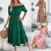 Vestido Longo Casual Feminino Europeu Americano Off Shoulder com Babados Manga Curta Franzido Cintura Alta Linha A