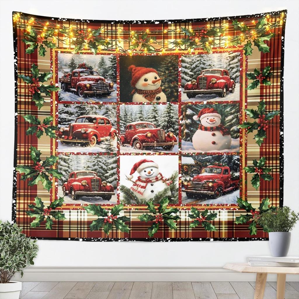 Frohe Weihnachten Wandteppiche Heimdeko Weihnachtsmann und Rentier Druck Wandbehang für Tür Büro, Weihnachten Kiefer Schneeflocken Rot Grün