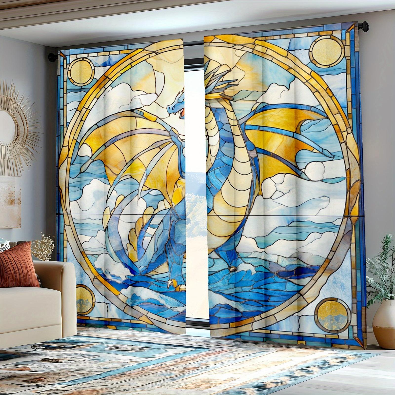 

Set Of 2 Decorative Curtainswestern Dragon Drapes Glass Abstract Geometric Style Boys Girls Curtains Made Polyester W100*H70(CM)-Rod Pocket&2PCS