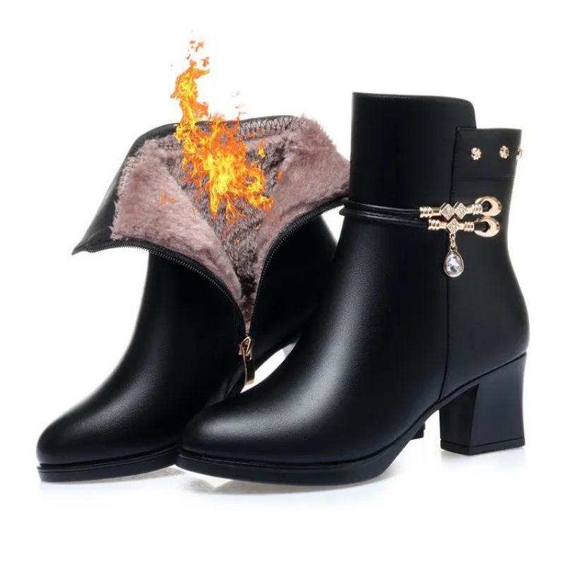 Size35-42 Chunky Heel Mid-Calf Boots Women Rhinestone Pearl Decor Warm Fur Lined Winter Dressy Short Boots Platform Sole Booties