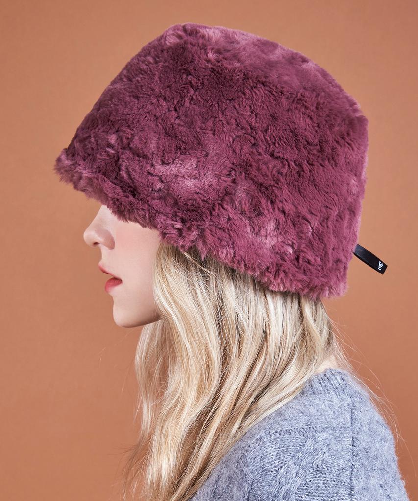 Bajal Fur Long Label Solid Drop Bucket Hat Burgundy