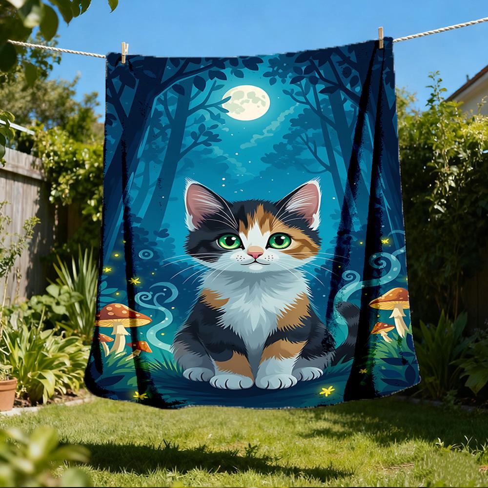 1pc Cat Forest Outdoor Blanket - Soft Flannel Cozy for Travel & Camping - All-Season Warm Bed Cover, Machine Washable Yy251229089