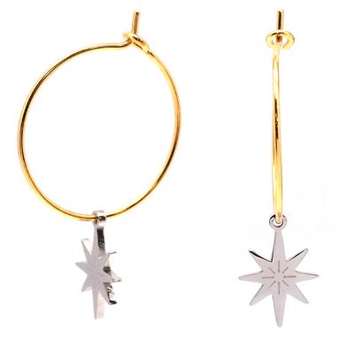 [Q2529] - Designer Steel Hoop Earrings 'Etoile Du Nord', Silver-gold - 17 Mm - 10x8 Mm