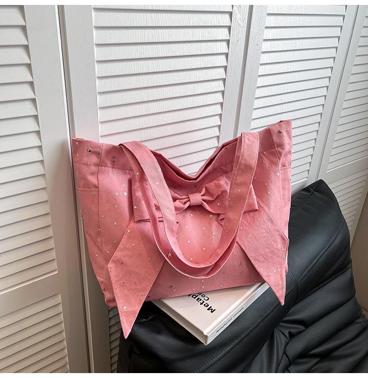 

2025 новая сумка-тоут большой вместимости с бантом, женская холщовая сумка в горошек, сумка-хобо для通勤, модная сумка через плечо розовый