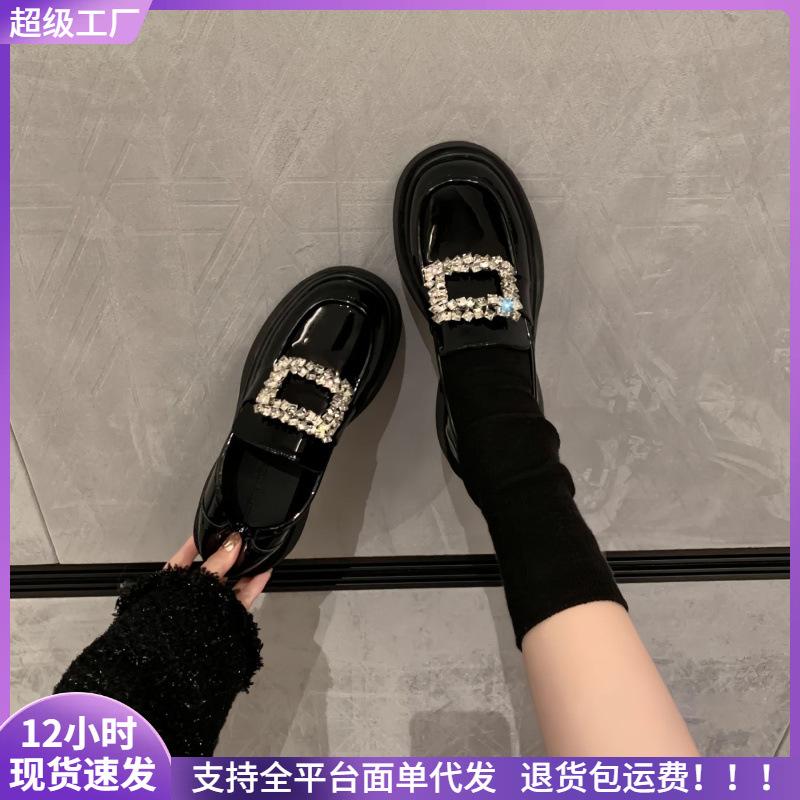 

[sheli Su Yinyin] Shoes women s round head rhinestone square buckle thick sole thick heel soft sole single shoes women s small leather shoes 34 чорний