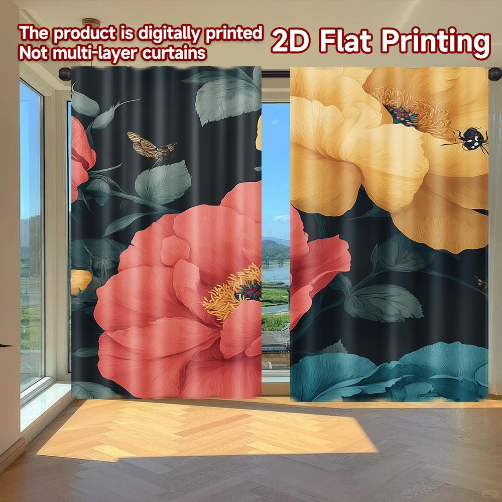 

Set Of 2 Flat Printing Curtains Without Rod Floral Peonies Dark Background Women Is Day Festival Chic Print Durable Curtain Made Polyester W100*H70(CM)-Rod Pocket&2PCS