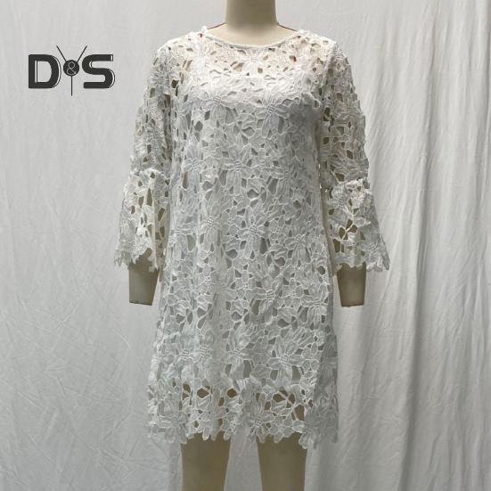 Rochie de toamnă, primăvară, pentru femei, cu dantelă, broderie cu flori, gât rotund, cu mâneci lungi, cu două straturi, culoare solidă, rochie midi etnică lejeră