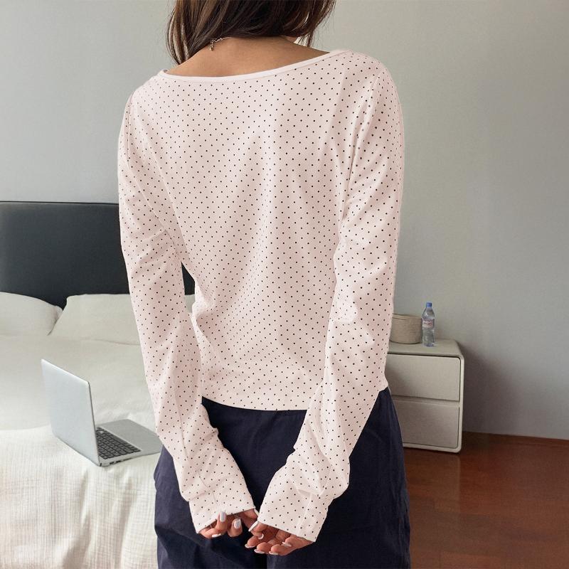 Damen gepunktete Langarmbluse quadratischer Ausschnitt schmale Passform lässiges Oberteil für den täglichen Look