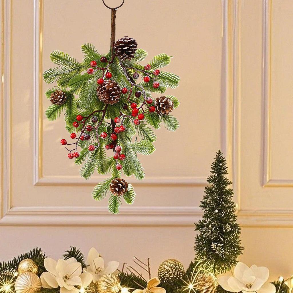 Christmas Wreath Teardrop Wreath Berry Pine Cones Decor Artificial Holiday Garland For Holiday Indoor Fireplace Mantle Porch