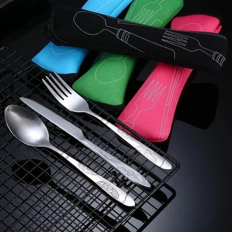 3 Stück Edelstahl Western Stil Steakmesser Gabel Löffel Geschirr Tragbar Outdoor Reisetasche Geschirrset Kreative Geschenke