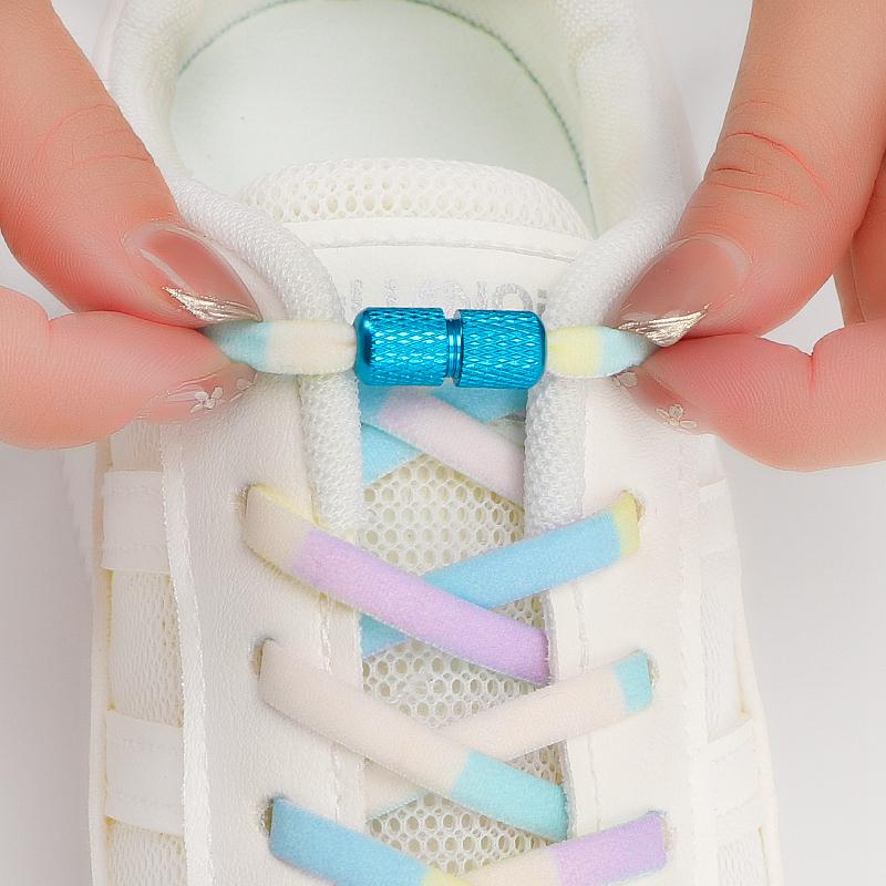 1 Pair No Tie Shoe Laces Round Metal Capsule Lock Elastic Shoelaces For Sneakers Easy To Put On And Off Lazy Shoes Lace Unisex
