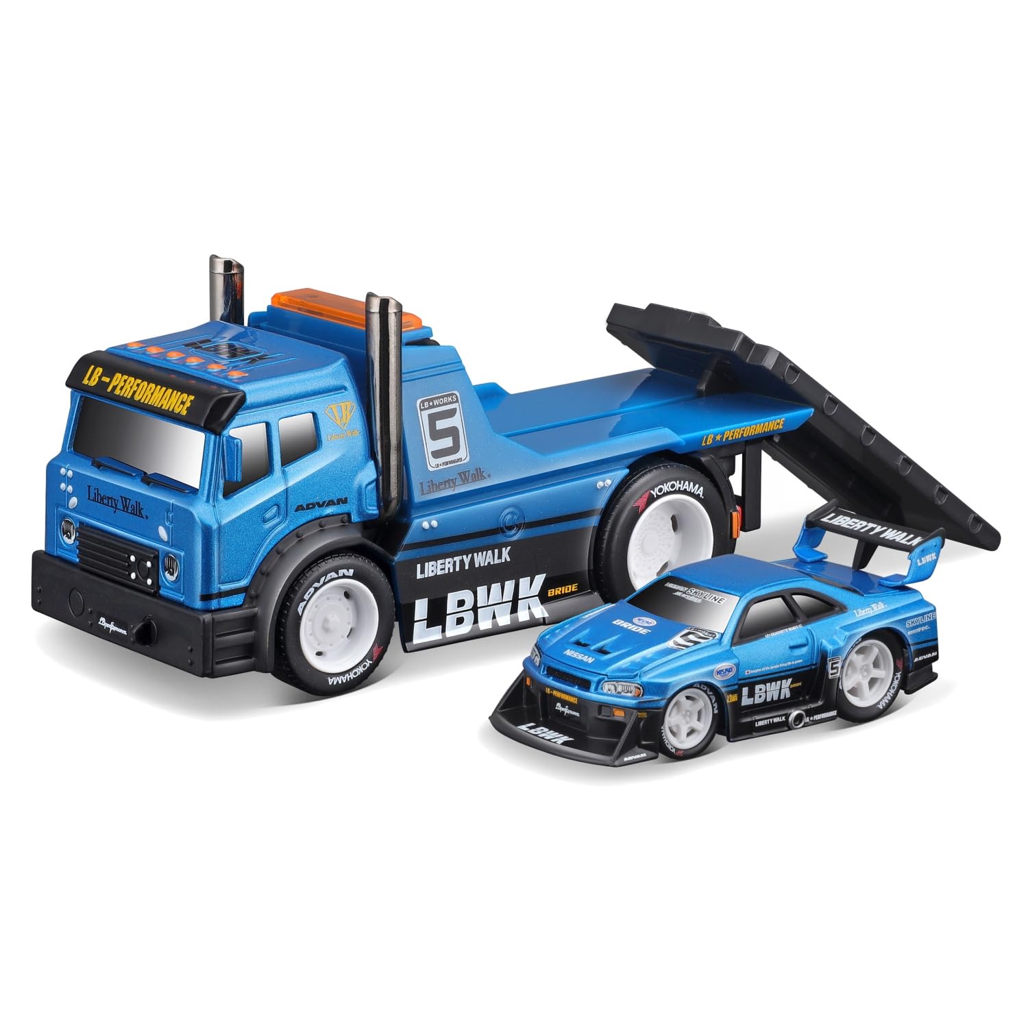 

Maisto Scale Muscle Machines Muscle Transporter Diecast Model Car Walk Nissan Skyline R34 1/64 (JDM Flatbed/Liberty GT-R - Blue/Black 11546)