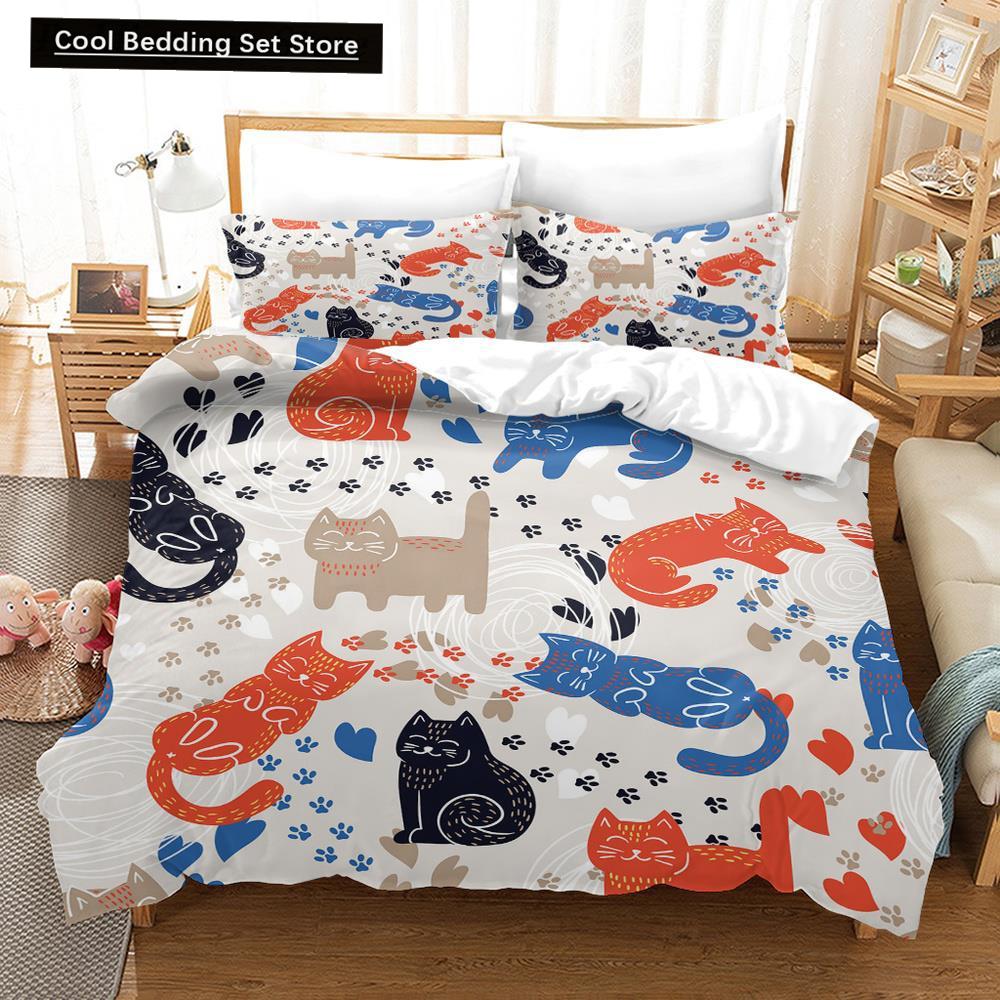 Cartoon Cat King Full Queen Duvet Cover Lovely Pet Kitty Bedding Set Animal Quilt Cover 2/3pcs Purple Polyester Comforter Cover
