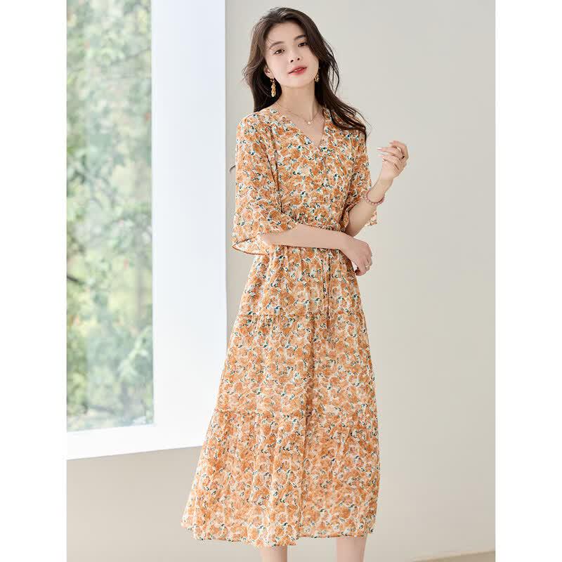 ORIGIN Women s V-Neck Printed A-Line Midi Dress M жёлтый