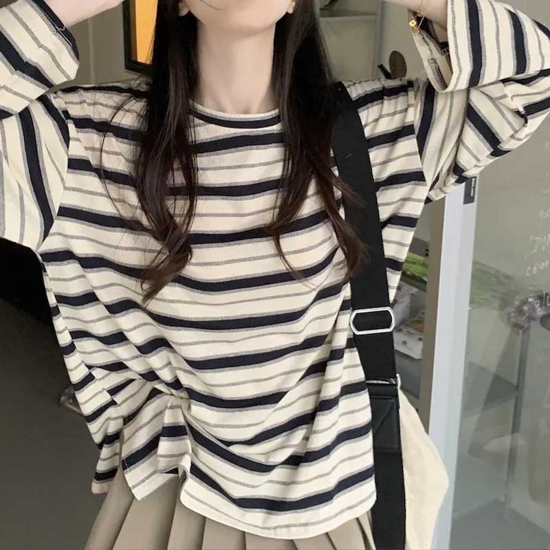 2026 Casual Women Long Sleeve Striped T-Shirt Loose Fit Casual Round Neck Spring Autumn Printed Blouse Fashion Elegant Basic Clothing