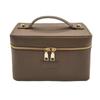 Portable Cross-Grain Leather Cosmetic Bag with Gold Hardware - Makeup and Skincare Travel Organizer