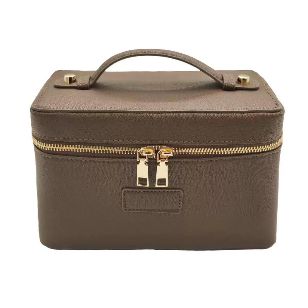 Portable Cross-Grain Leather Cosmetic Bag with Gold Hardware - Makeup and Skincare Travel Organizer