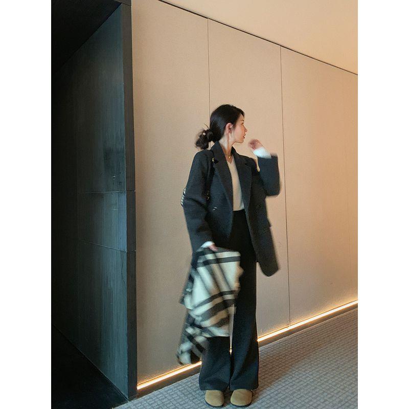 

Bigyu Gray High-Grade Sense Quilted Blazers Women Autumn and Winter Loose Professional Leisure Wool coat Top Grey/Quilt XS