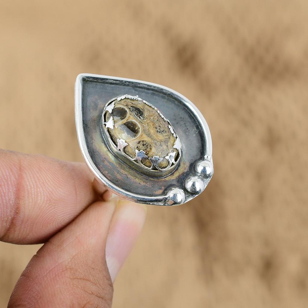 925 Sterling Silver Natural Turritella Agate Statement Promise Wife Ring Jewelry