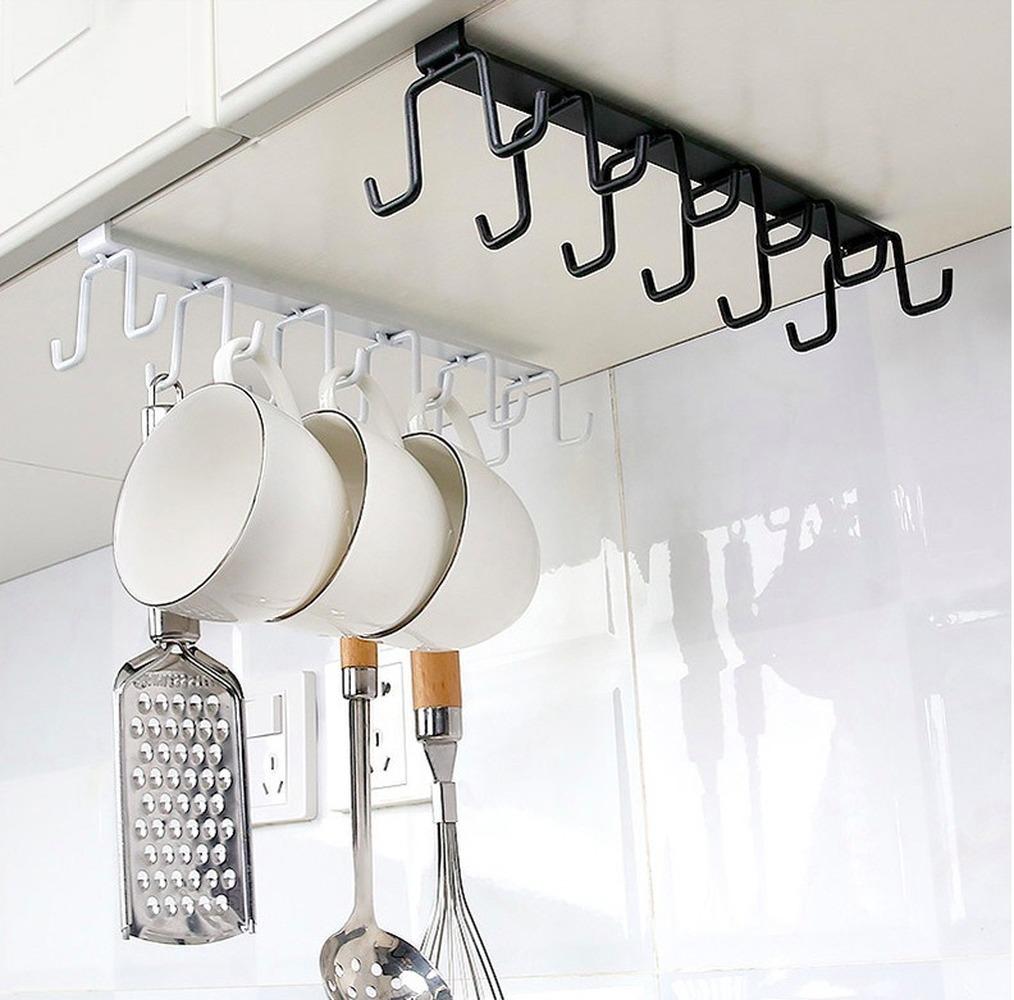 6 Hooks Kitchen Hanger Iron Under Shelf Mug Cup Cupboard Multifunction Kitchen Organiser Hanging Rack Holder
