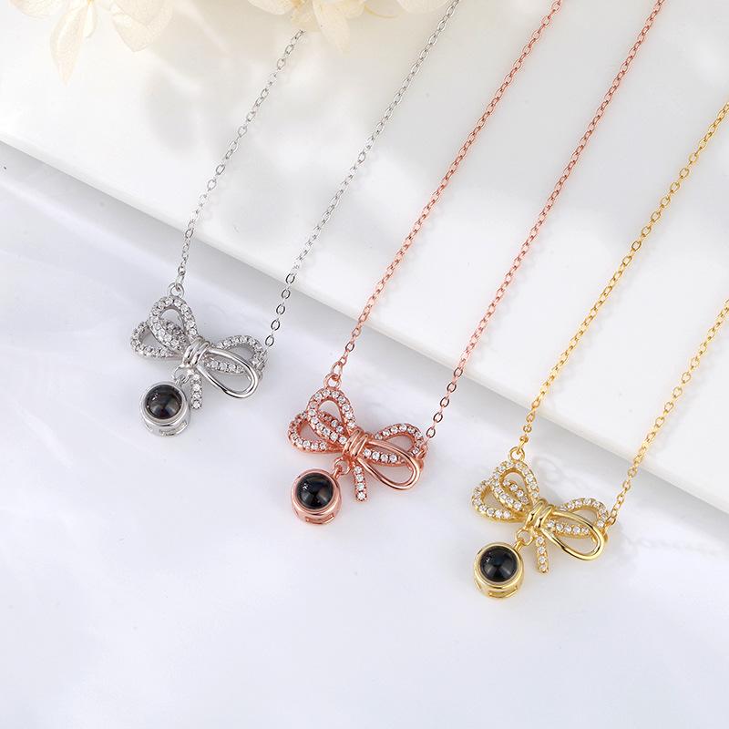 Custom Fashion Bling Projected Photo Pendant Bow Necklace 100 Language I love U for Women Gifts