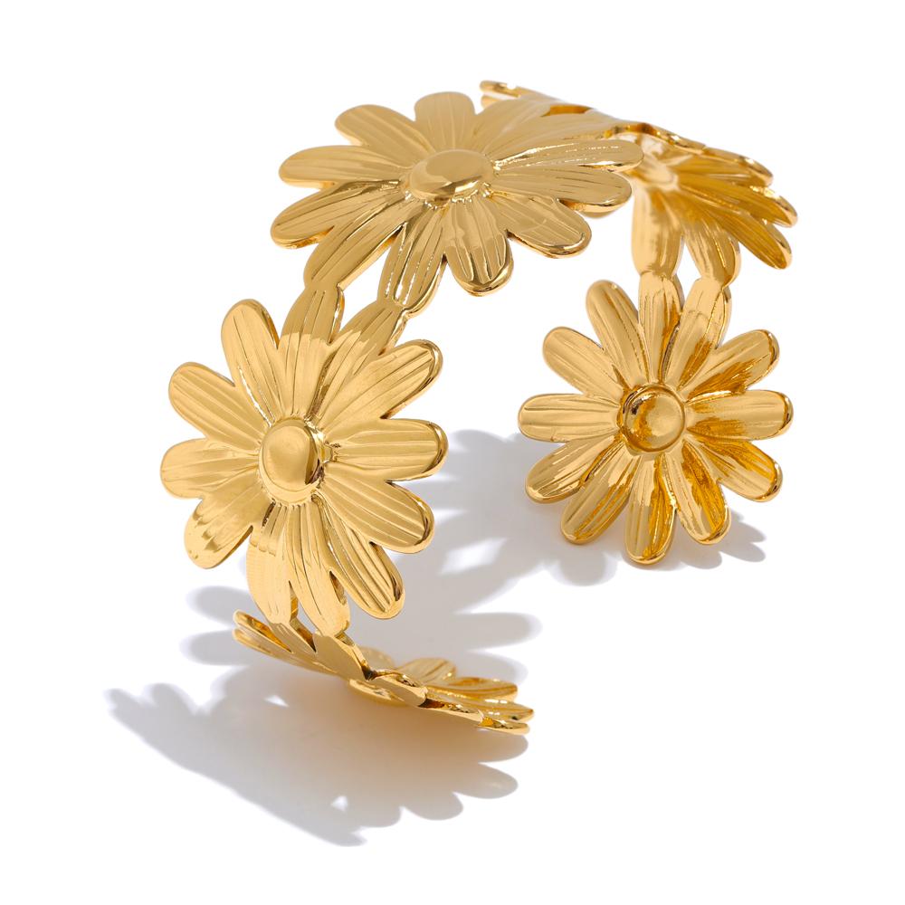 

Yhpup Trendy Stainless Steel Metal Sun Flower Wide Cuff Open Big Bracelet Bangle Water Resistant Texture Fashion Jewelry