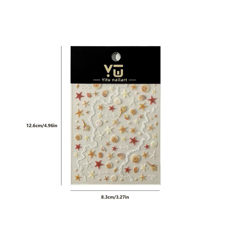1 Sheet 5D Summer Seashell Nail Sticker Shiny Embossed Starfish Nails Stickers Summer Beach Sea Conch Nail Decals Decoration