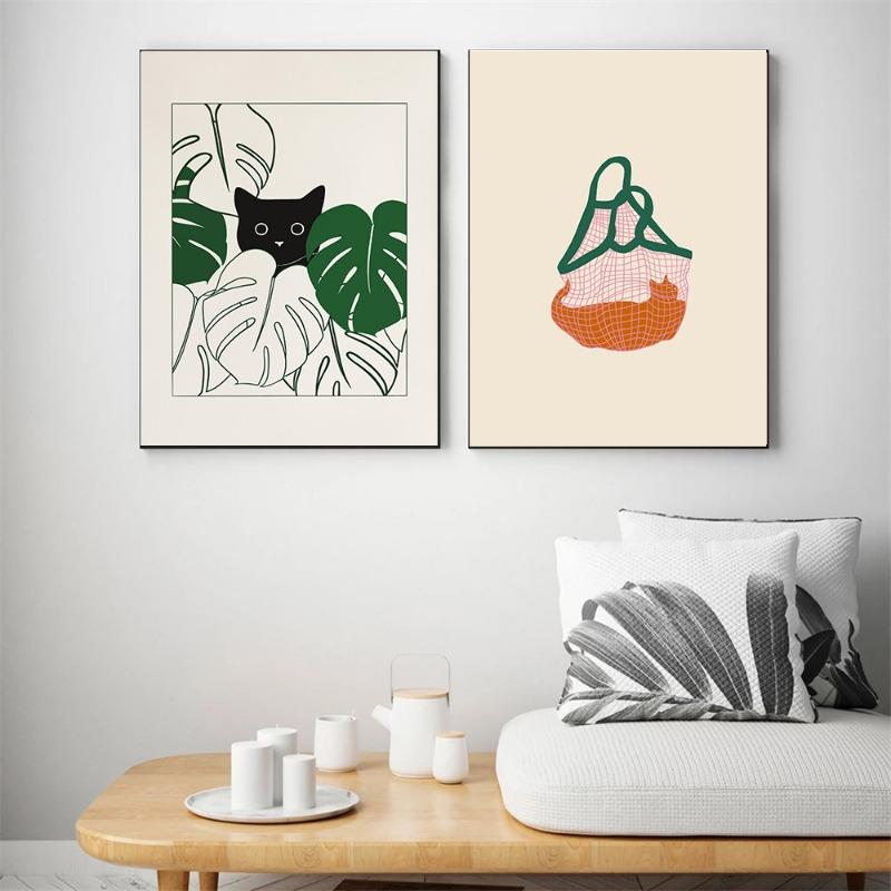 Funny Cat Dumpling Lazy Cat Illustration Abstract Line Poster Canvas Painting Nodic Wall Art Pictures Bathroom Home Decoration
