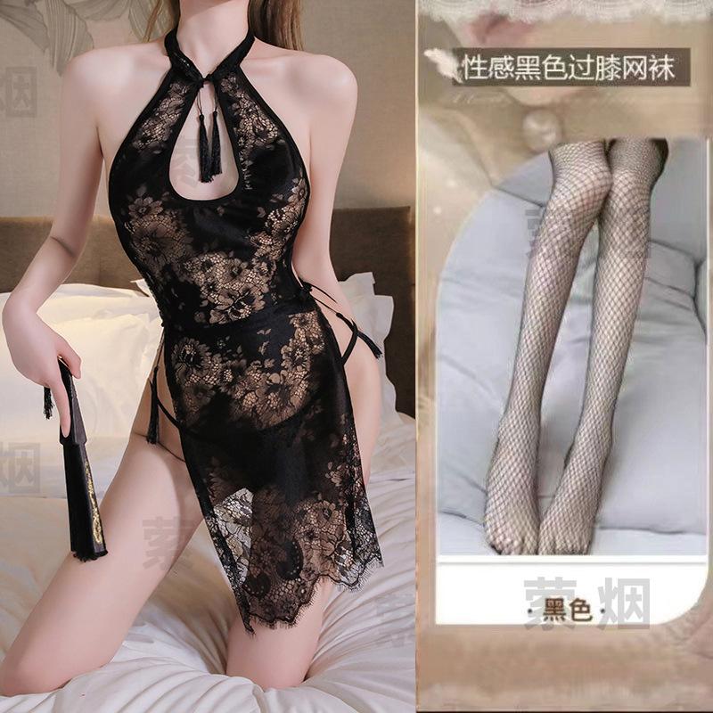 Sexy lingerie cheongsam hot slim uniform seduction flirting bed passion midnight backless jacquard nightdress