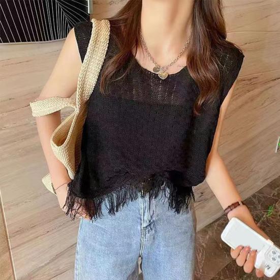Women Vest Tops Round Neck Sleeveless Tassel Hem Tank Tops Solid Color Loose Fit Knitting Camisole Daily Wear