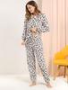Allegra K Women's Fluffy Flannel Pajamas, Winter Loungewear, Long Sleeve Top and Bottom Set, Leopard Print, Size M