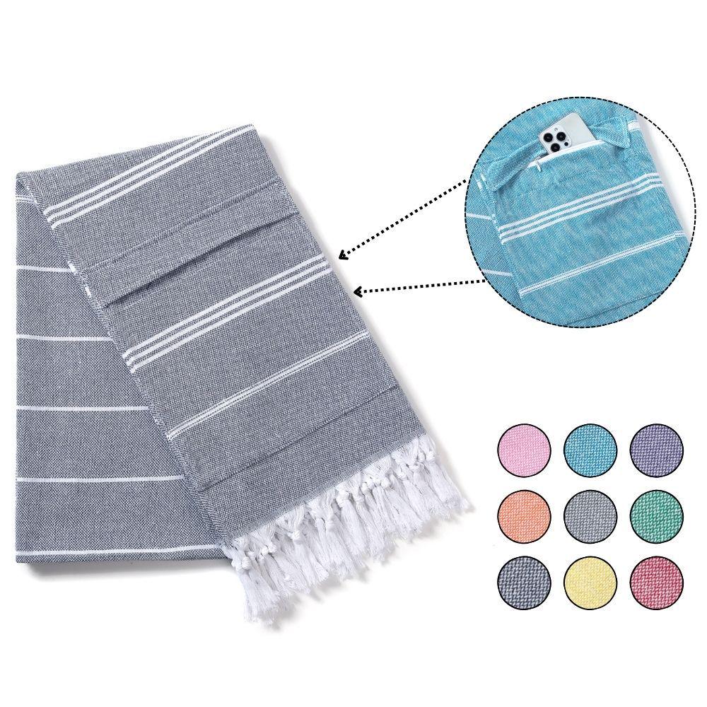 Cotton Striped Tassel Beach Towel with Invisible Zipper Pocket - Quick Dry & Absorbent