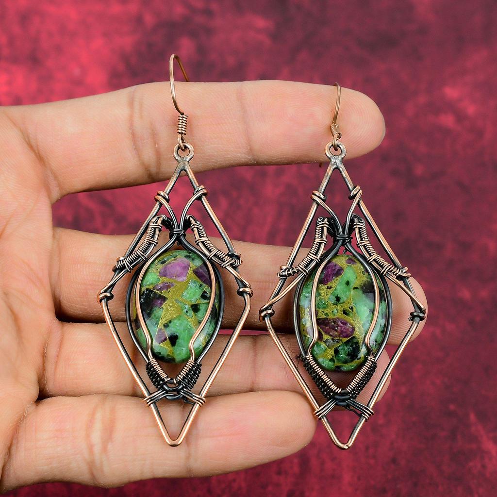 Copper Ruby Zoisite Earring Copper Wire Wrapped Earrings Handmade Earring Ruby Zoisite Jewelry Gemstone Earring Gifts For Her Copper Jewelry