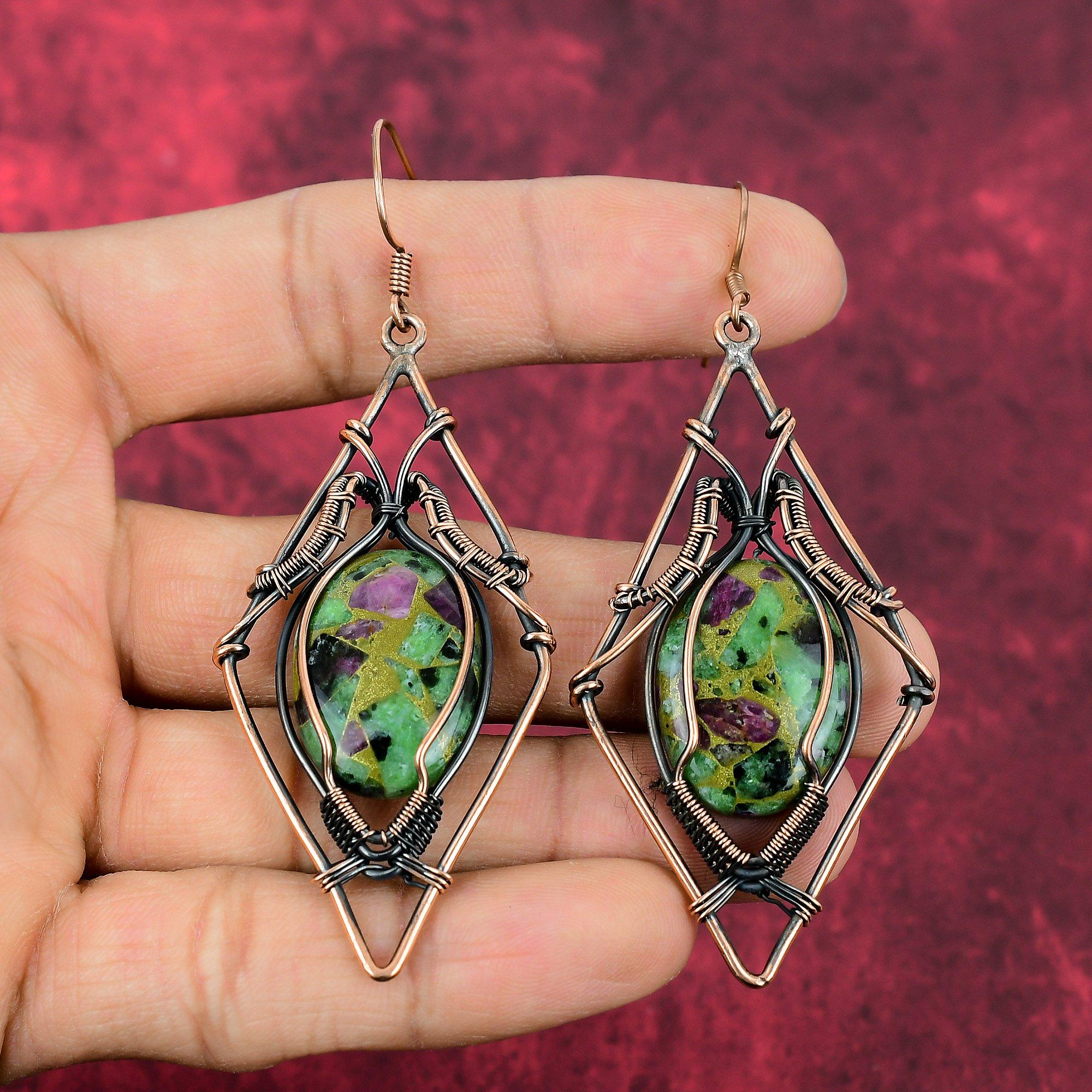 Copper Ruby Zoisite Earring Copper Wire Wrapped Earrings Handmade Earring Ruby Zoisite Jewelry Gemstone Earring Gifts For Her Copper Jewelry