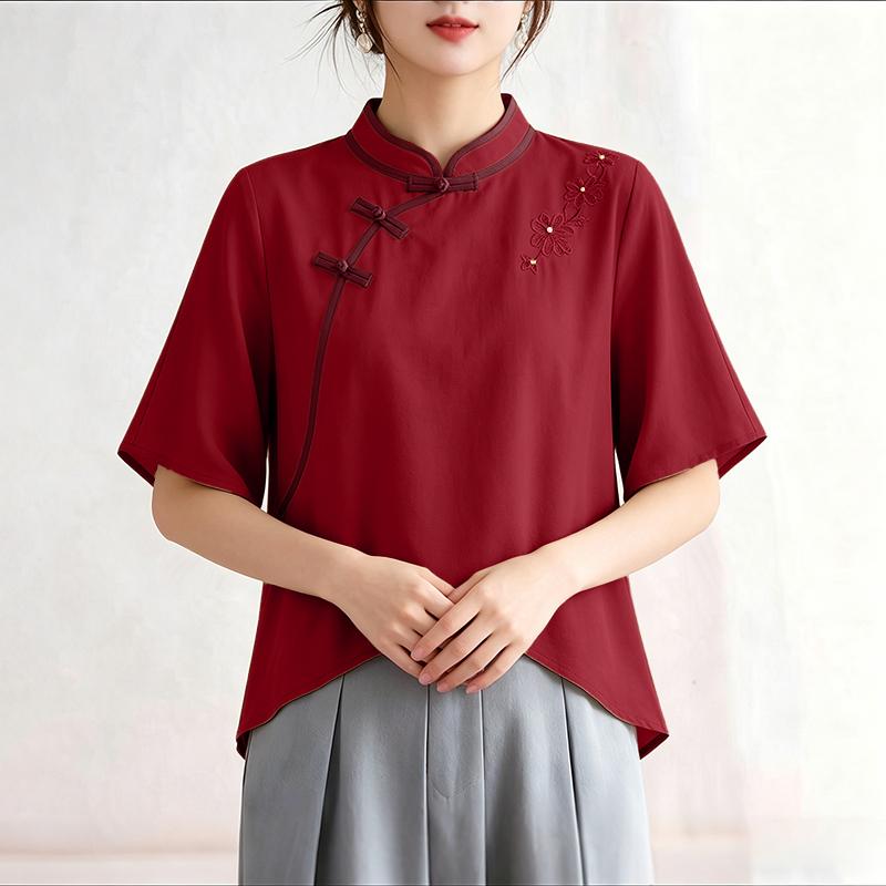 

ZANZEA Women Stand Collar Half Sleeve Embroidery Casual Asymmetrical Hem Blouse M