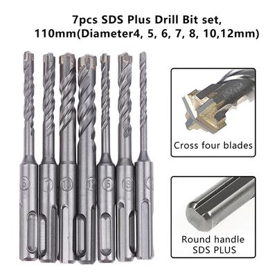 Kit de 7 forets SDS Plus pour béton 110 mm (Diamètre4, 5, 6, 7, 8, 10,12Mm)Foret à percussion à 4 tranchants