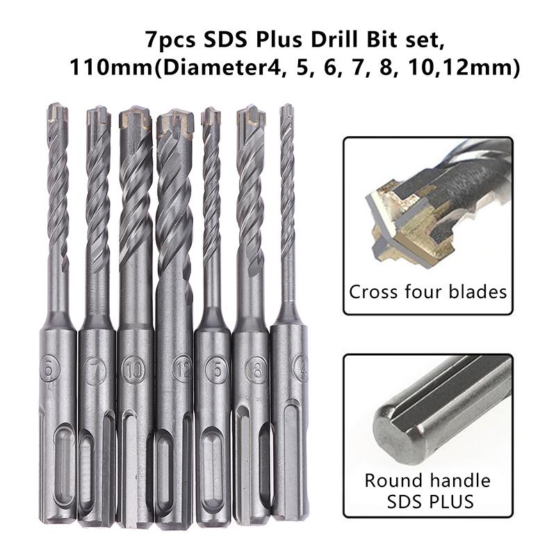 7Pcs Sds Plus Drill Bit Concrete Drill Bit Kit 110Mm (Diameter4, 5, 6, 7, 8, 10,12Mm)Hammer Drill Bit With 4 Cutting Edges