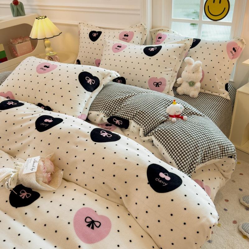 Thickened Milk Fleece Four-Piece Set, Coral Flange Double-Sided Fleece Quilt Cover, Bed Sheet, Bed Hat Three-Piece Set