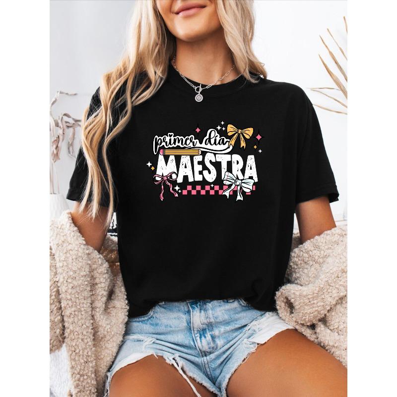 

Women s Spanish Alphabet T-Shirt - Spanish Letter Print Round Neck Short Sleeve Blouse Suitable for Spring Summer Casual Wear, 4XL