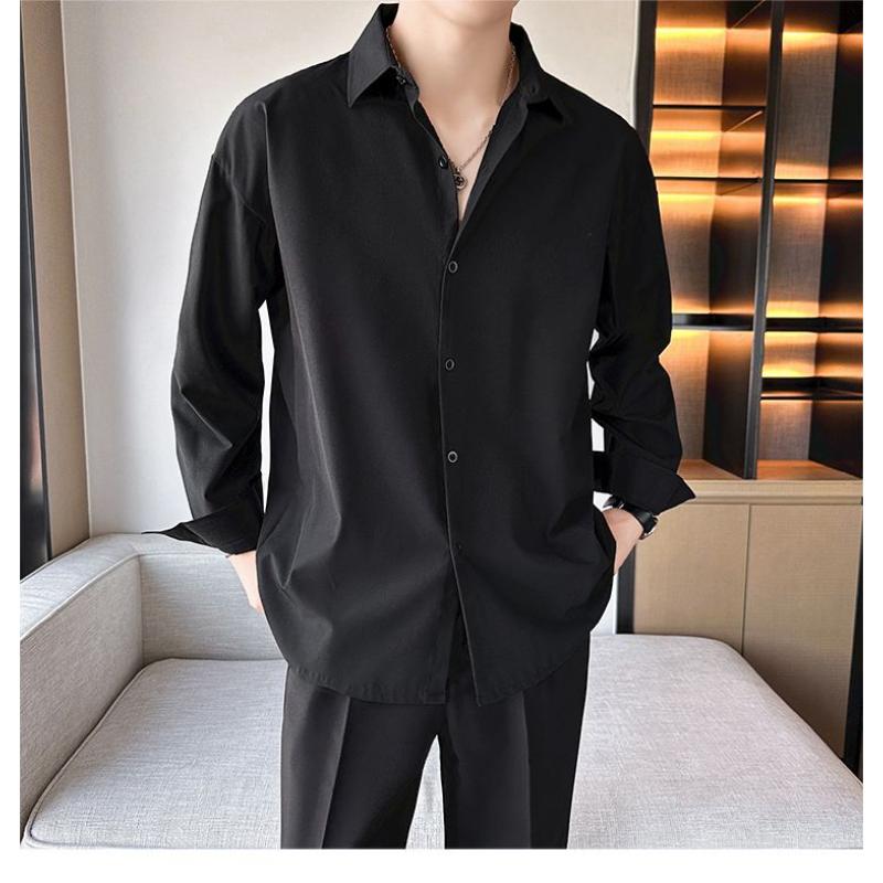 Ice Silk Black Shirt Men's Long-sleeved Spring Autumn New Drape Loose Jacket Casual Suit Trendy