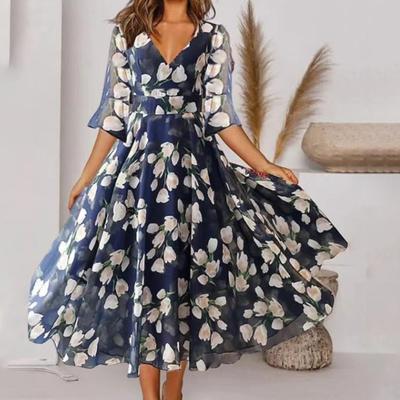 Women Dress Half Sleeve Floral Print V Neck A-line Big Swing Pleated Mesh Patchwork Mid-calf Length