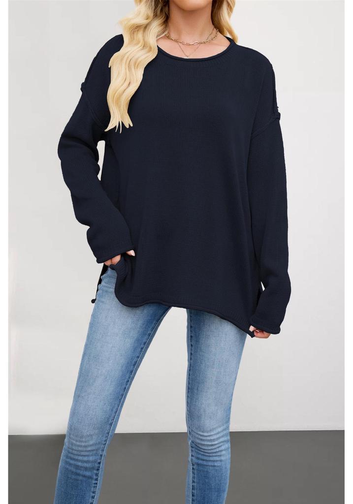 2026 European & American Women's Solid Color Knit Pullover - Autumn/Winter Loose Fit, Round Neck Sweater.