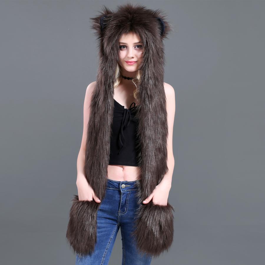 Cartoon Plush Hat Scarf Glove Set - Cute Faux Fur Cap