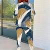 Women Plus Size Navy Blue Gold White Abstract Printed Round Neck Long Sleeve Top Fitted Pants Two Piece Set
