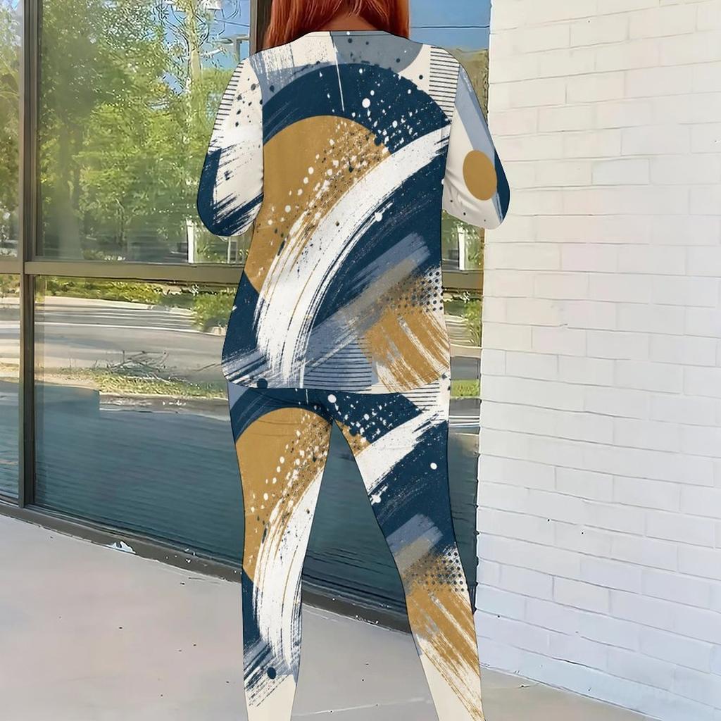 Women Plus Size Navy Blue Gold White Abstract Printed Round Neck Long Sleeve Top Fitted Pants Two Piece Set
